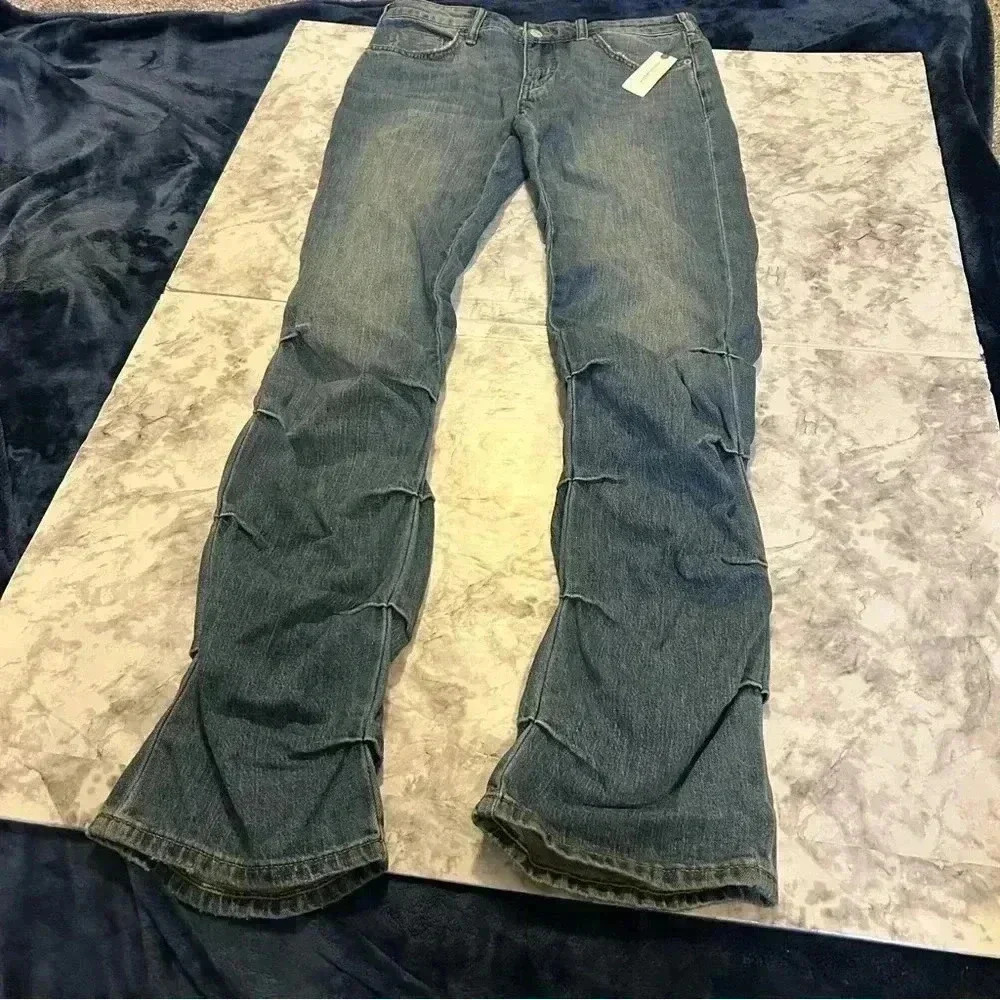 NWT Anthropologie Pilcro Mid Rise Cinched Ruffle leg Boot Cut Jeans size 27 tall